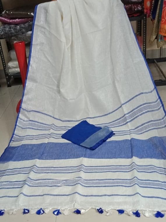 White with Silver and Royal Blue Border plain Linen Saree