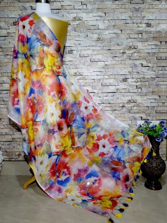 Marvellous Stunning Floral Design Digital Linen Dupatta_