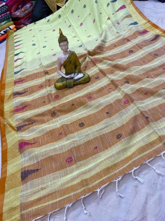 Light Pista Green Cotton Jamdani Saree With Zari Border And Contrast Pallu