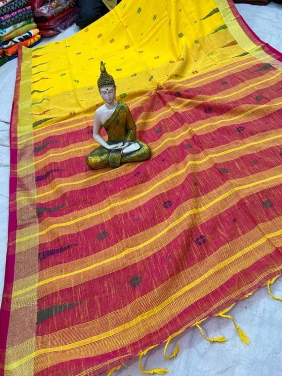 Yellow Cotton Jamdani Saree With Zari Border And Contrast Pallu