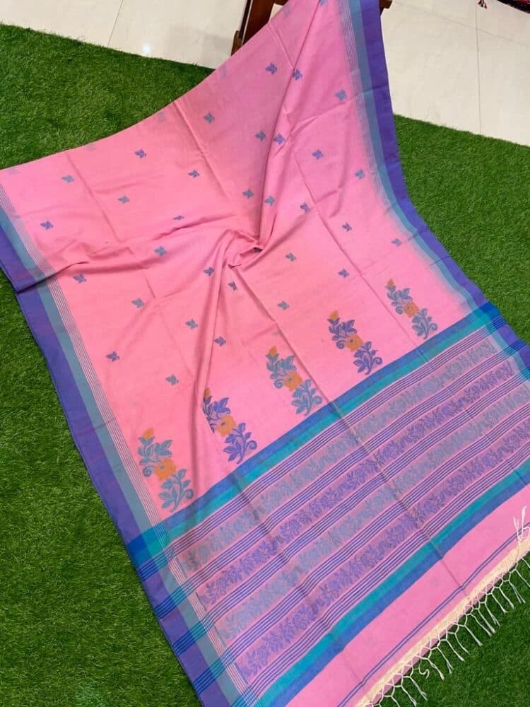 Charming Pink Pure Cotton Floral Butti Design Handwoven Saree