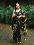 Awesome Black Handwoven Linen Jamdani Check Floral Design