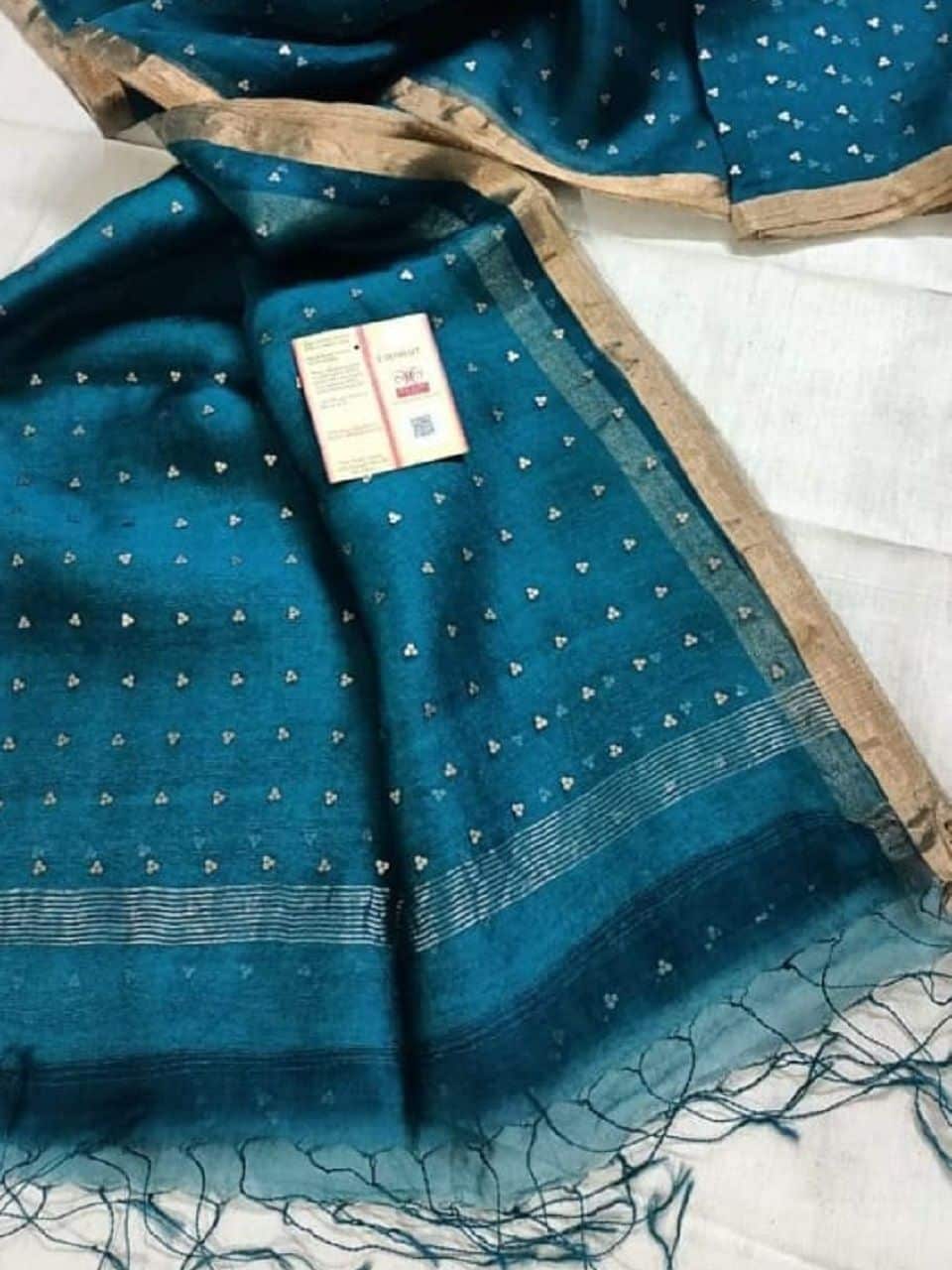 Peacock Blue Glittering Handwoven Resham Muslin Silk Saree