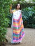 Fresh White Pure Cotton Soft Saree With Color Filled Pallu